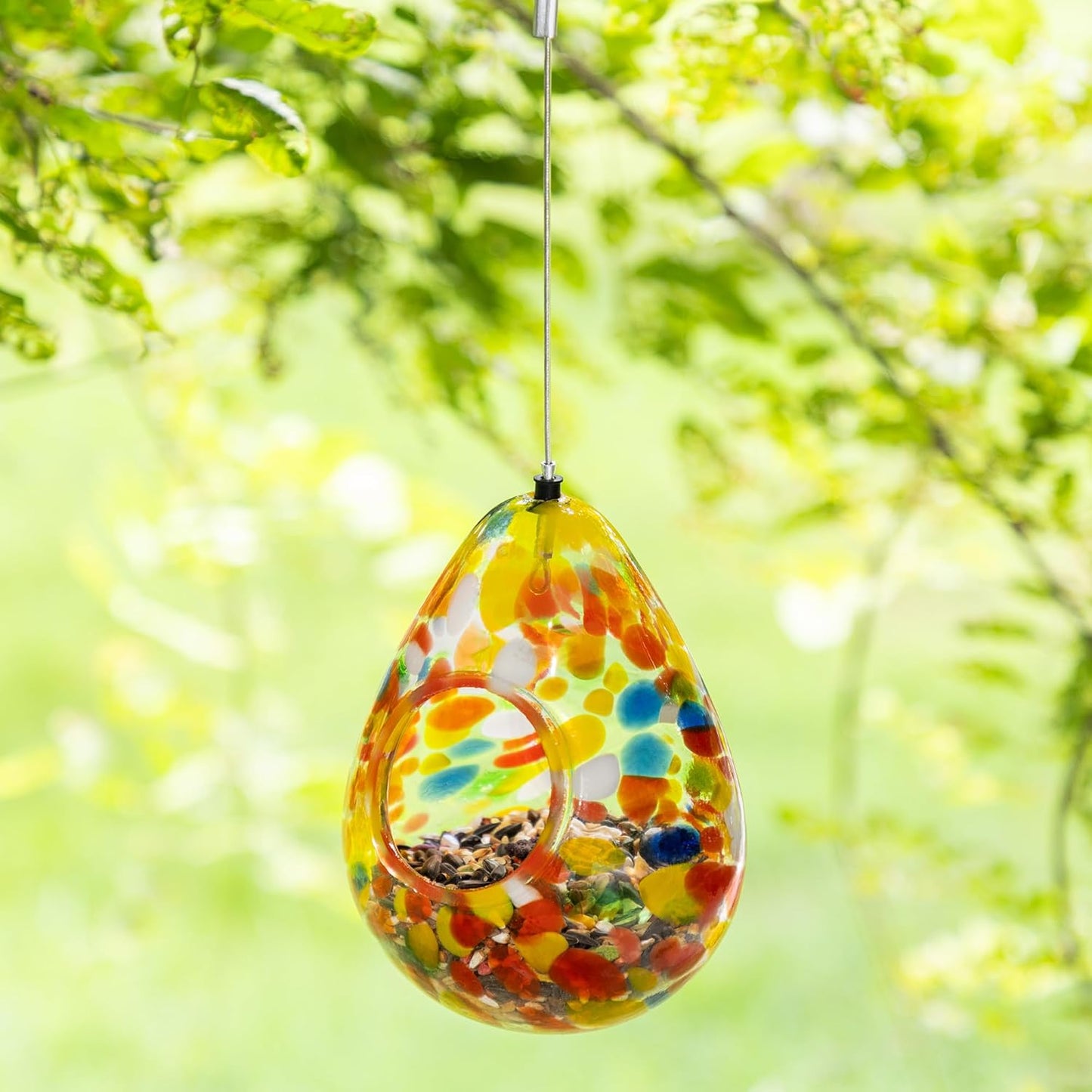 Glitzhome 6.75''H Hanging Glass Birdfeeder,Water Drop Fly Through Wild Bird Feeders for Outdoors,Orange Dots Glass Bird Feeders for Garden, Yard, Backyard, Deck and Porch Decor
