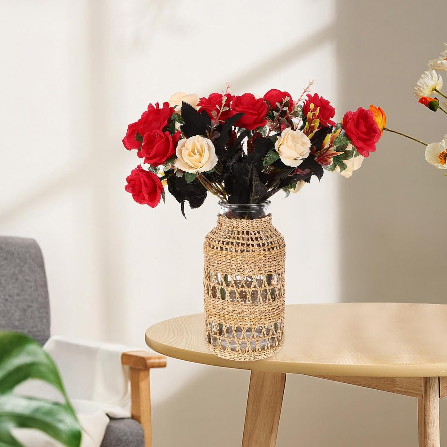 FAVOMOTO Woven Rattan Glass Flower Vase Decorative Table Planter Pot with Seagrass Texture Vintage Style for Home Décor and Office Arrangement