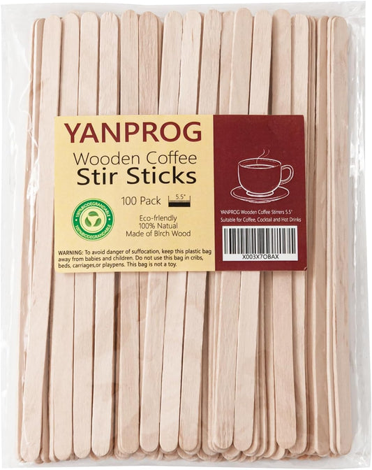 Wooden Coffee Stirrers 5.5" Coffee Stir Sticks 100 Pcs, Natural Birch Round End Thick Birch Wood Eco-Friendly， Suitable for Coffee, Cocktail and Hot Drinks