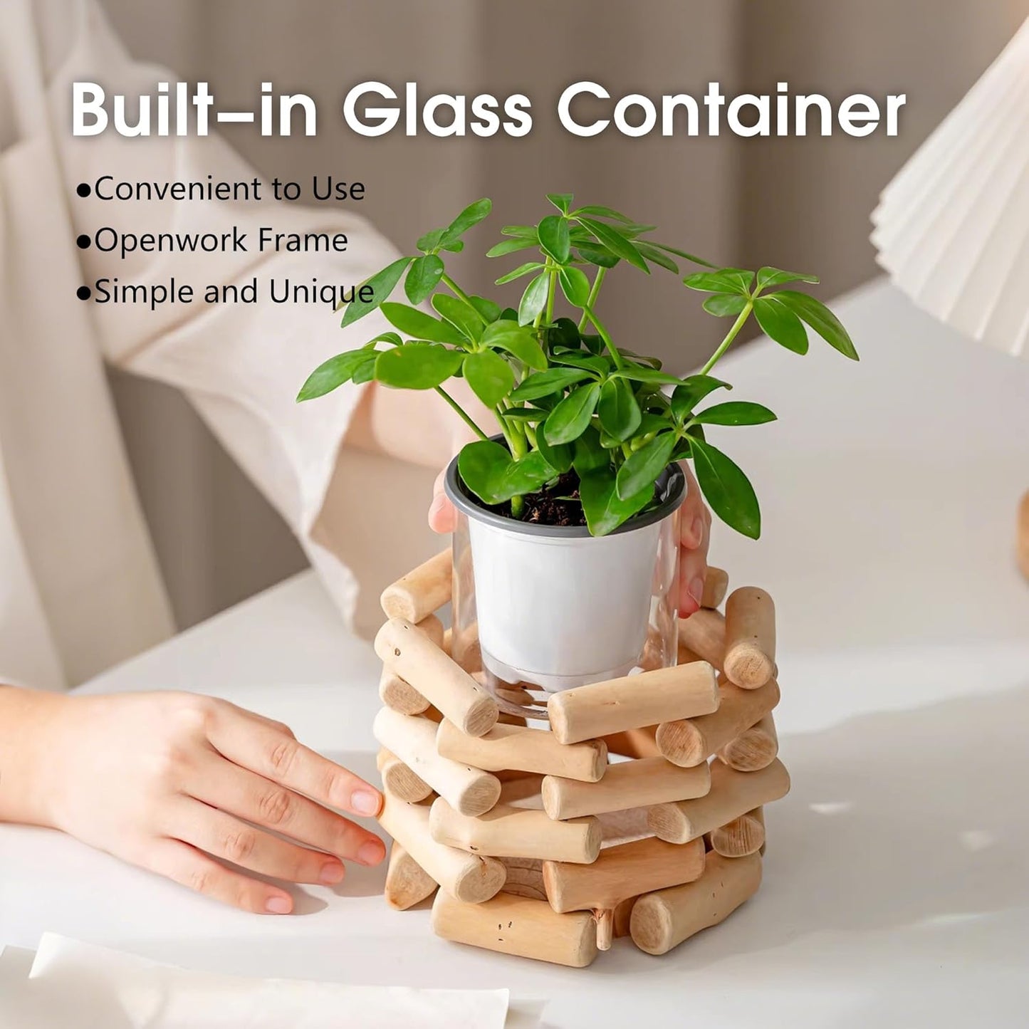 Modern Farmhouse Solid Wood Vase - Built-in 3.5 Inch Glass Container f