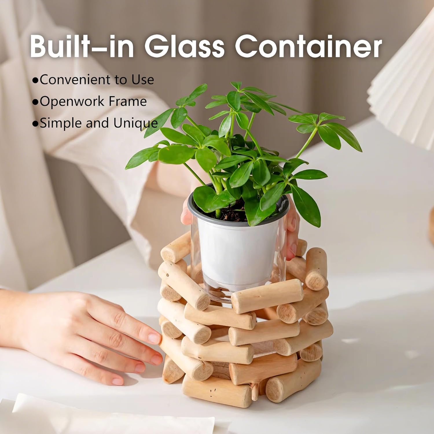 Modern Farmhouse Solid Wood Vase - Built-in 3.5 Inch Glass Container f