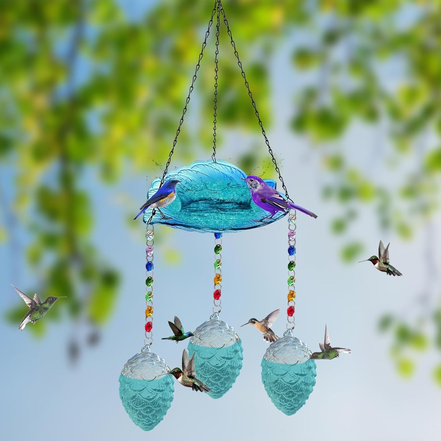 Hummingbird Feeders for Outdoors, Birdbath Bowl, Hanging Solar Bird Bath Fountains with 4 Blue Feeder Pots,Bird Bath Bowl for Garden Backyard Decor