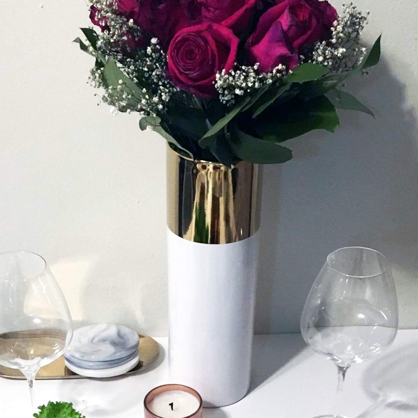 WGV Ceramic Cylinder Vase Width 4" Height 20" Elegant Unique Modern Matte Floral Container Planter Pot Centerpiece for Event Party Wedding Office Home Decor Gold White 1 Piece