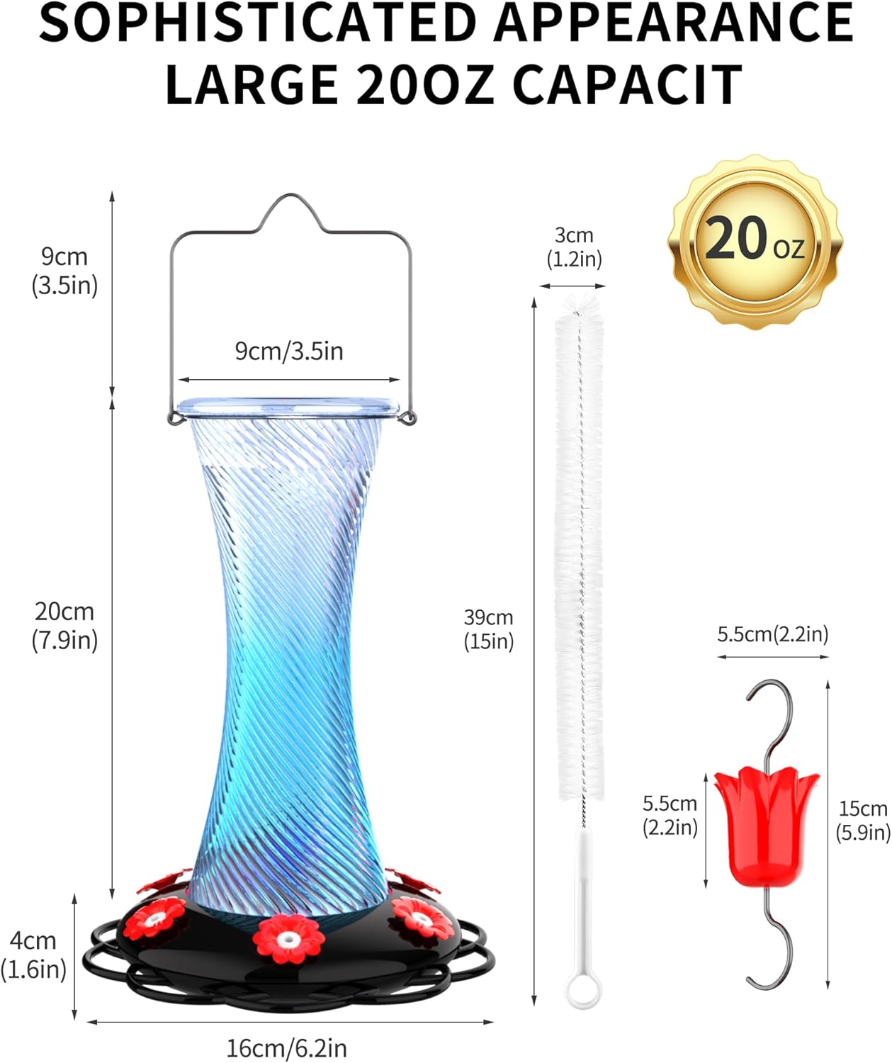 Hanging 20oz Glass Hummingbird Feeder with Moat, Small Outdoor Plastic