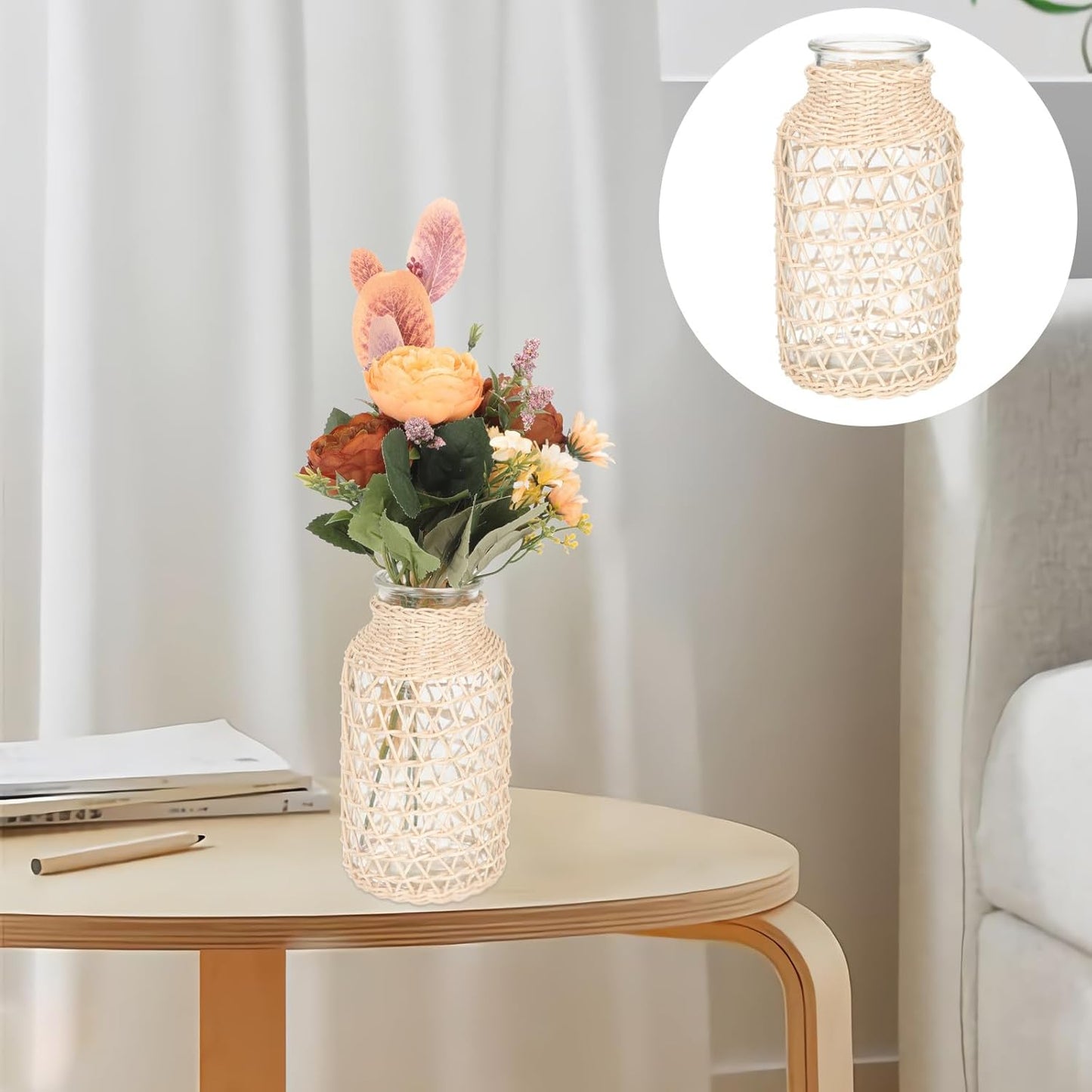 Milisten Creative Rattan Flower Vase Small Triangle Shape Indonesian White Vine Glass Plants Container Decorative Planter Pot for Living Room Boho Home Décor