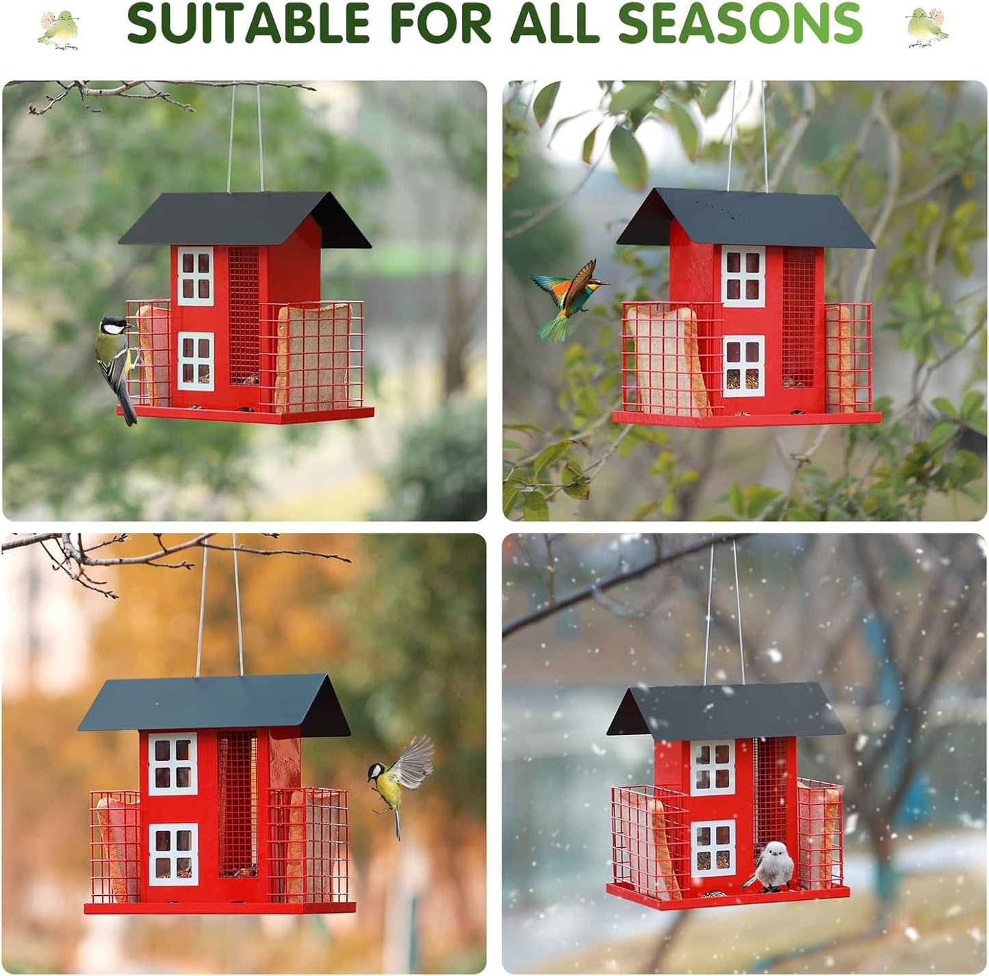 Metal Bird Feeders for Outdoors Hanging with 2 Suet Cage Cake Squirrel Proof Hanging Suet Feeder Large Capacity Wild Bird Feeder Easy Clean&Anti-Rust Attracting Birdhouse Red