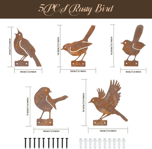 5PCS Rusty Birds Fence Decoration, Outdoor Metal Birds Decor for Yard, Rustic Garden Decor.