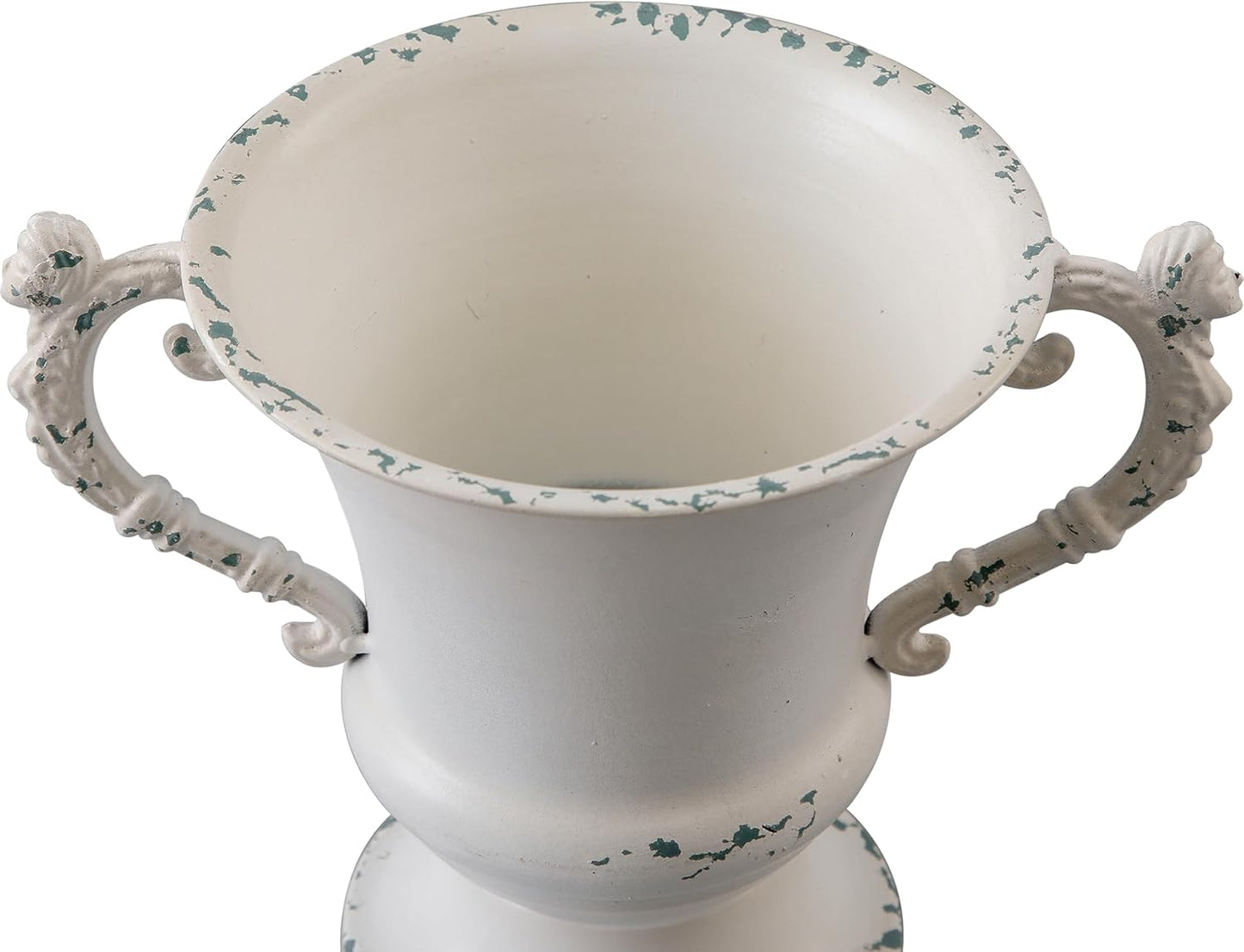SOFE Distressed White Metal Vase, Decorative Rustic Flower Vase for Wedding Home Decor, 7 Inch Tall Small Urn Planter, Ideal Shelf Decor, Living Room Kitchen Office Table Centerpieces