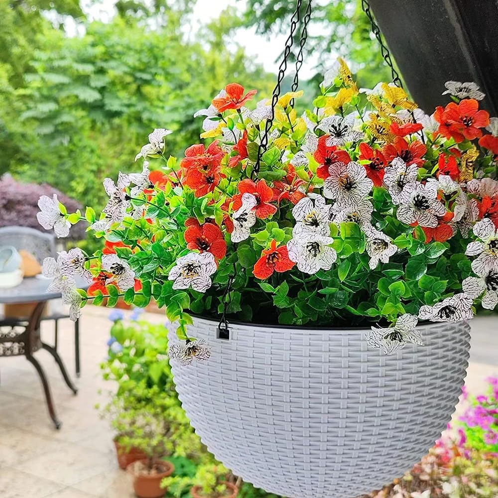 Artificial Faux Plants Flowers Outdoor Spring Summer Decoration, 6 Bundles Faux Silk Flower Mix Daisy Eucalyptus,UV Resistant Plastic Plants & Flowers for Garden Home Pot Planters Decor (6, Mix)