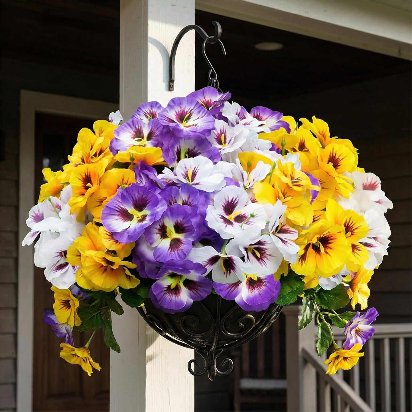 Artificial Flowers for Outdoor, 9 Bundles Silk Faux Pansies Fowers,UV Resistant Fake Pansy Flowers for Outdoor Planters Home Garden Office Patio Front (Yellow/Purple/White)