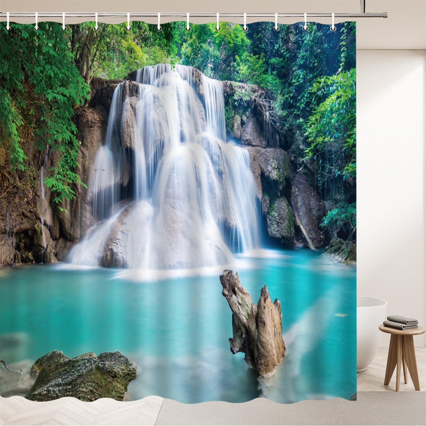 Waterfall Landscape Shower Curtains Outdoor Nature Scenery Lakes Green Plant Forest Spring View Home Bathroom Decor Polyester Fabric Bath Curtain Sets 70x70 Inch with Hook
