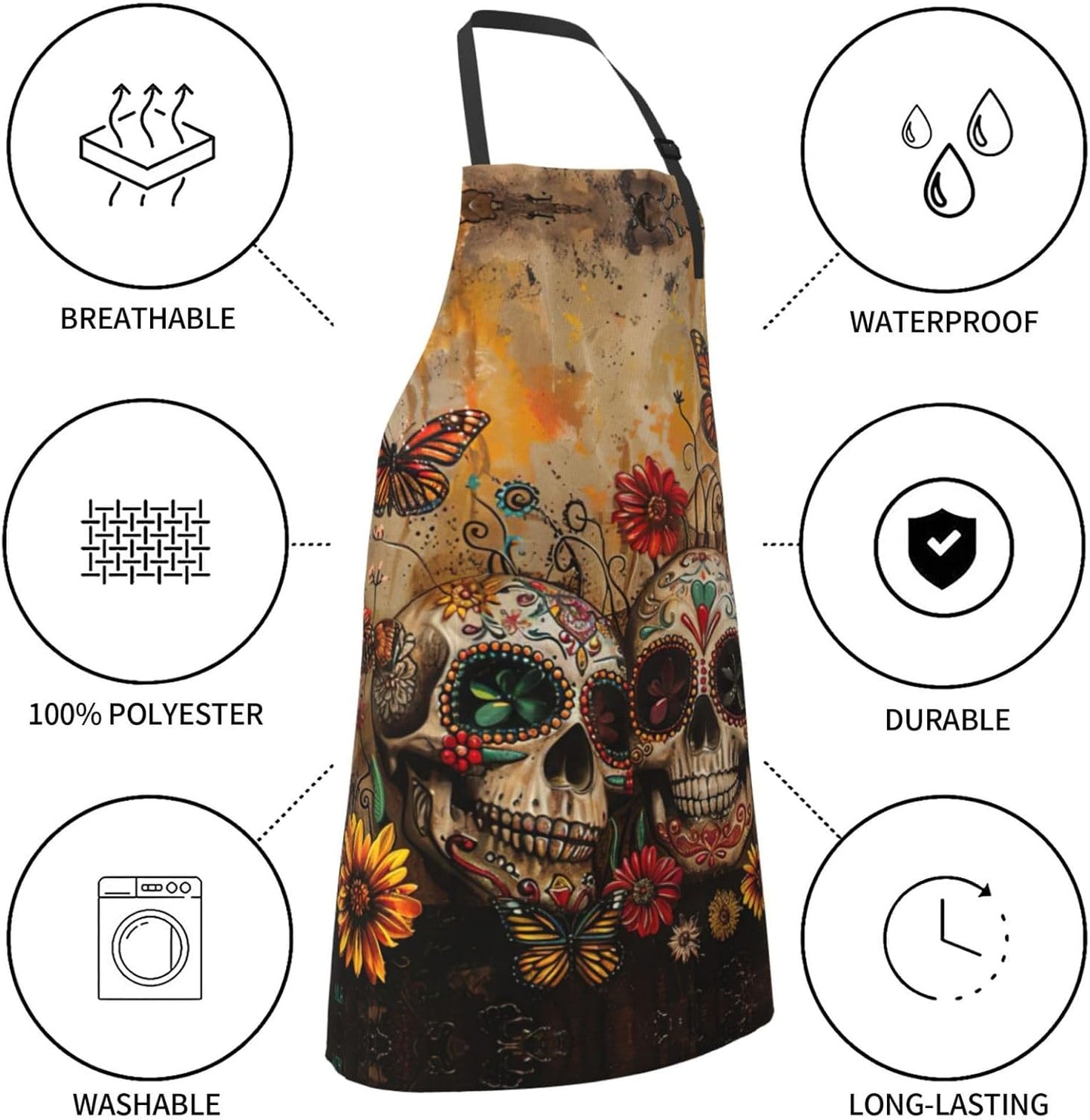 sugar skulls butterfly print Waterproof chef's apron with pocket apron for kitchen cooking baking barbecue and gardening