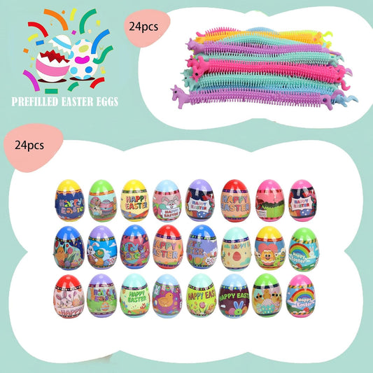 24Pack Easter Eggs with Stretchy Strings Toy Inside,Prefilled Easter Eggs for Boys Girls Kids, Easter Basket Stuffers,Party Favors,Egg Hunts