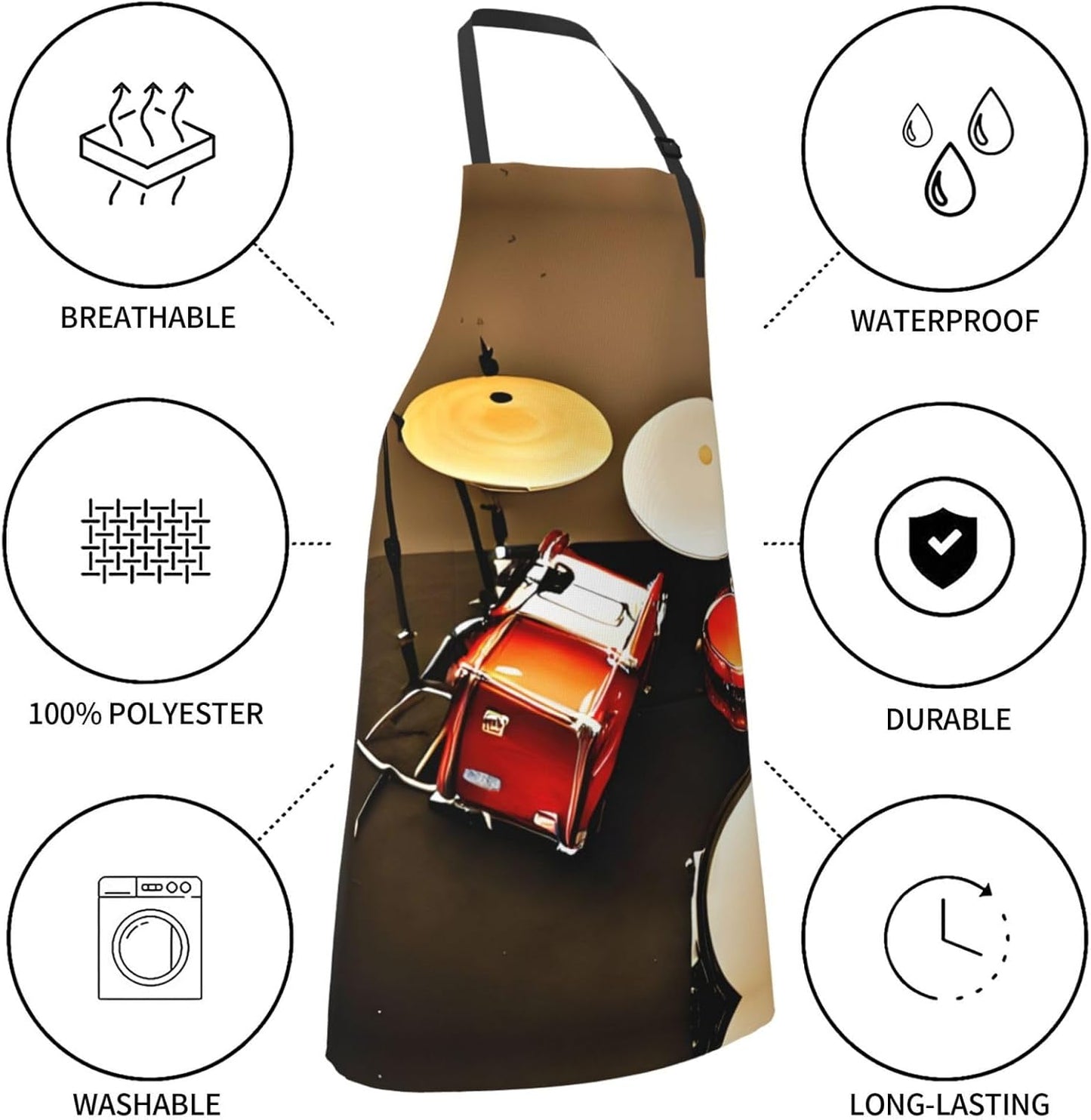 Drum Set-standard Print Laundry apron 28x33 In Waterproof Kitchen Apron with Pockets for Cooking Baking
