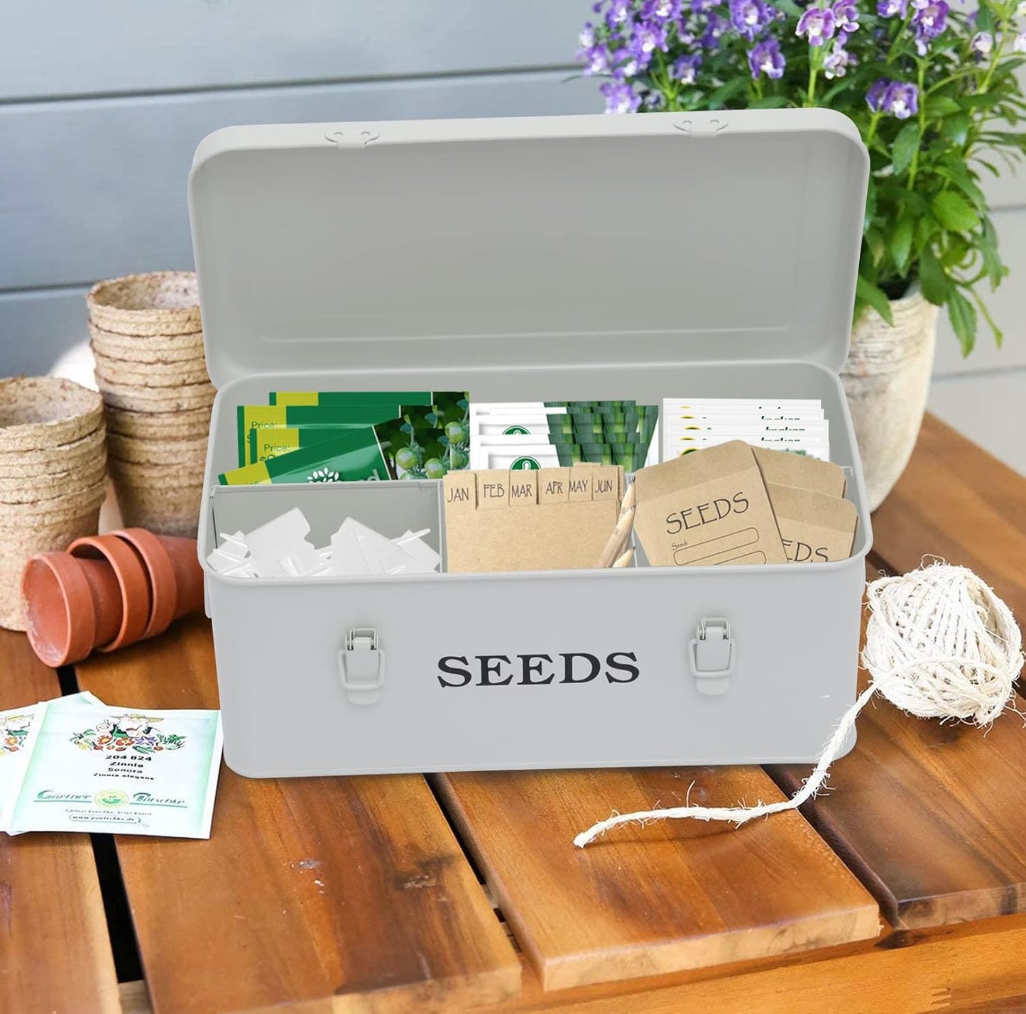 Seed Saving Box, Metal Seed Bin, Seed Storage Organizer, Seed Packet Container with Lid, Seed Envelope Storage Box, 4 Compartments Garden Seed Bin with Safety Locks-White