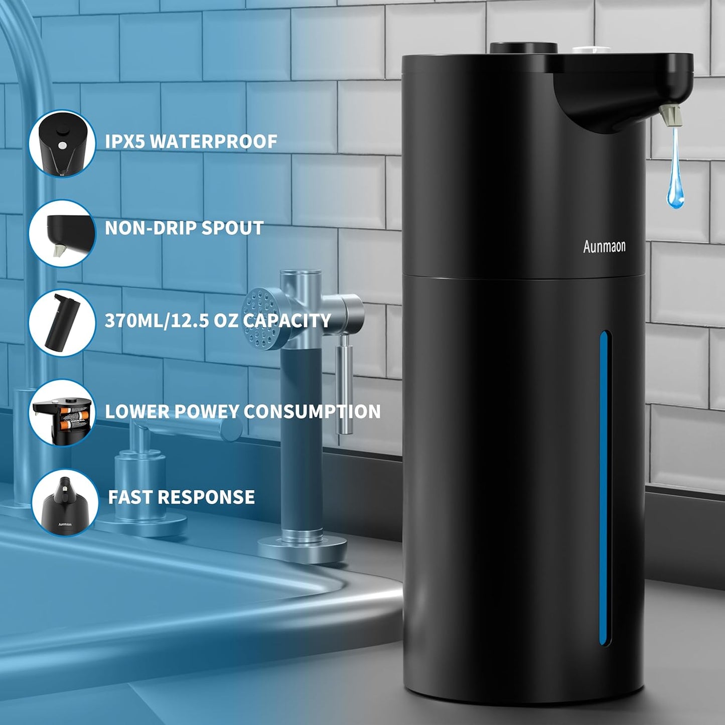 Aunmaon Automatic Soap Dispenser Touchless, Hands-Free, Multi Adjustable Volume, Long Battery Life, Compatible with Thick & Thin Dish/Hand Soap for Bathroom and Kitchen, Easy for Toddlers, Black