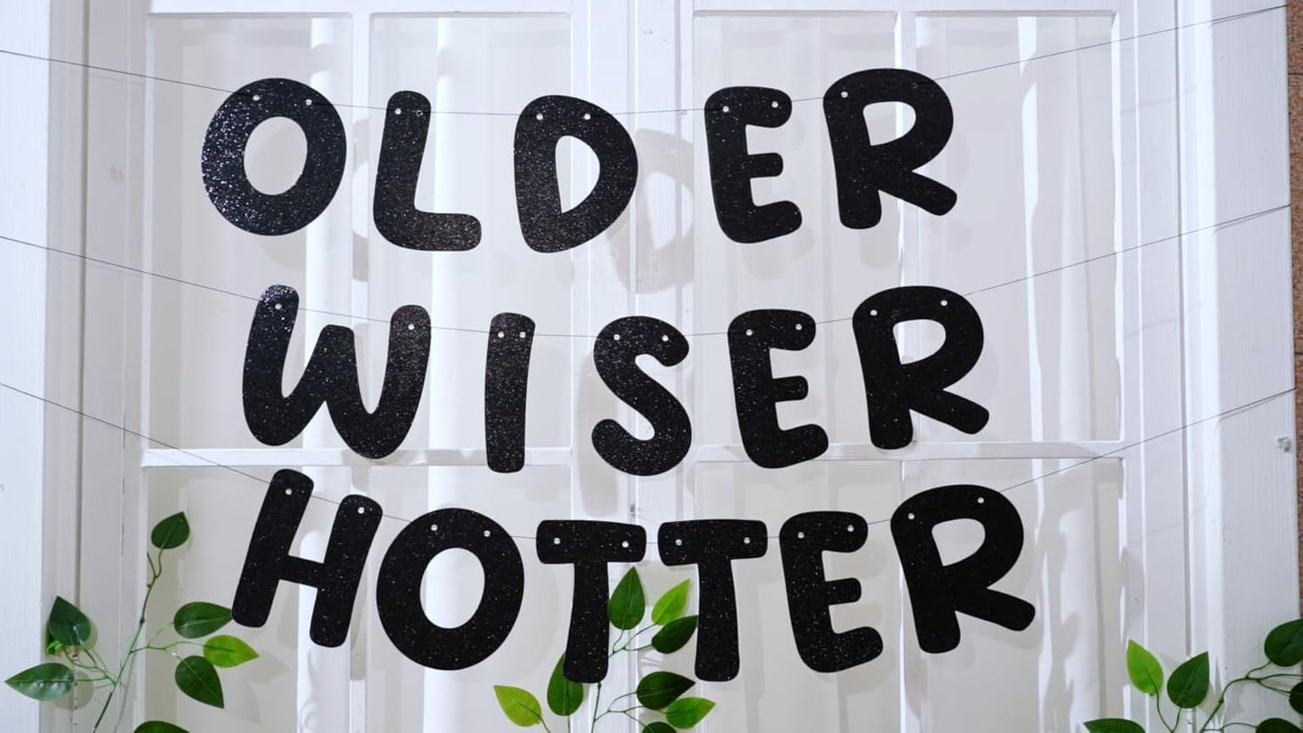 Fulmoon Set of 3 Pre Strung Older Wiser Hotter Glitter Banner Funny Birthday Banner for Women 30th 40th 50th 60th 70th 80th Birthday Party Decorations Sign Gift(Champaign Gold)