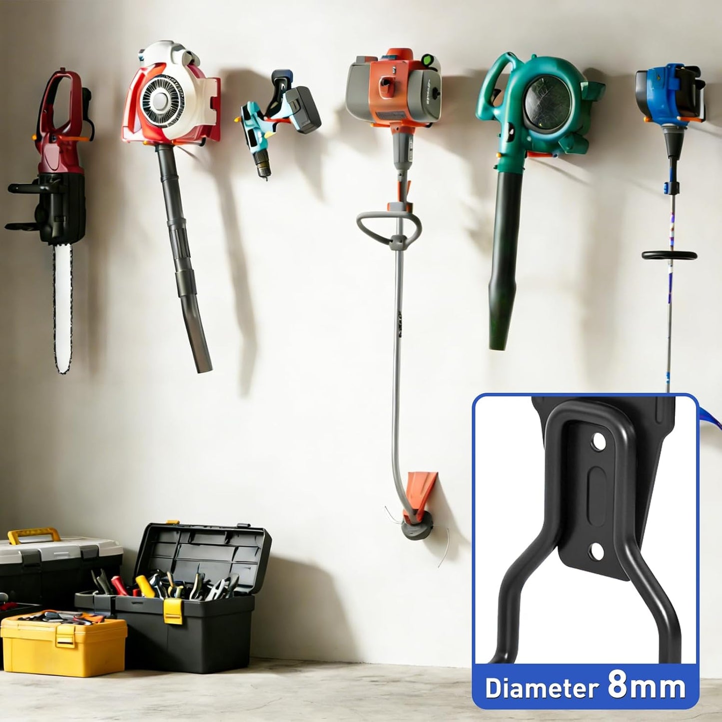 Heavy Duty Garden Power Tool Hanger, Garage Storage Utility Hooks with Storage Straps, Electric Tool Hooks, String Trimmer Hangers, Garden Tool Organizer, Weedeater Rack (1, Orange)