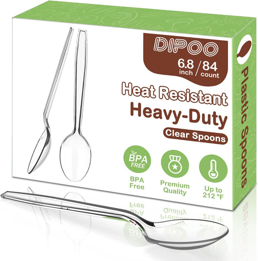 6.8" Clear Plastic Spoons Heavy Duty with Heat Resistant & BPA Free, Solid and Durable Plastic Cutlery, Premium Disposable Spoons for Party Supply(84 Count)