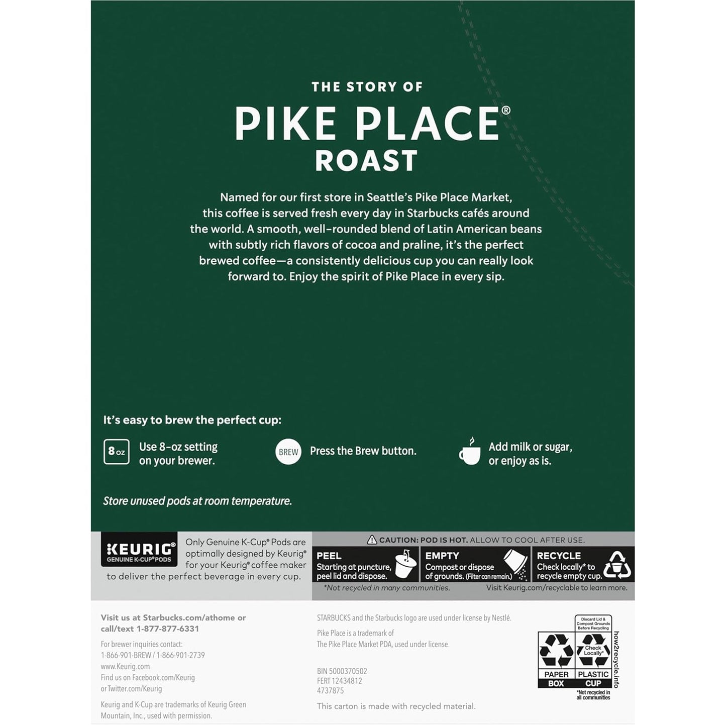 Starbucks K-Cup Coffee Pods, Medium Roast Hot or Iced Coffee, Pike Pla