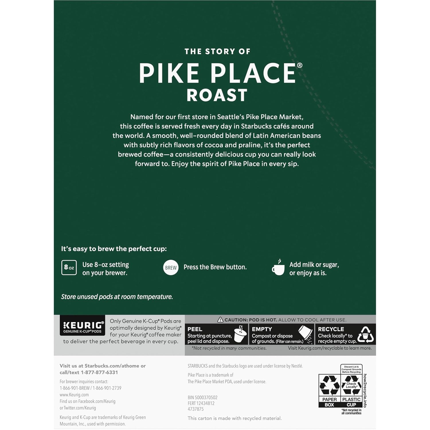 Starbucks K-Cup Coffee Pods, Medium Roast Hot or Iced Coffee, Pike Pla