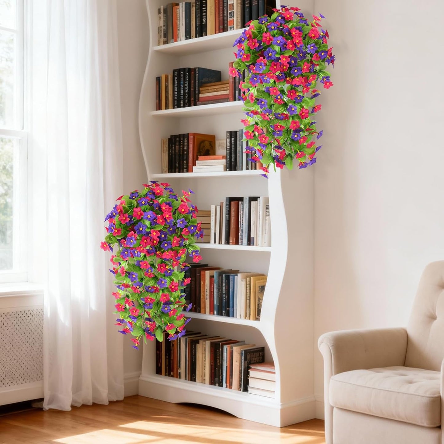 Artificial Fake Hanging Flowers for Outdoors, 2 Pcs Artificial Hanging Plants Outdoors Spring Summer Decor, UV Resistant Faux Violet Silk Flowers for Planters Front Door Yard Garden(Purple Rose Red)