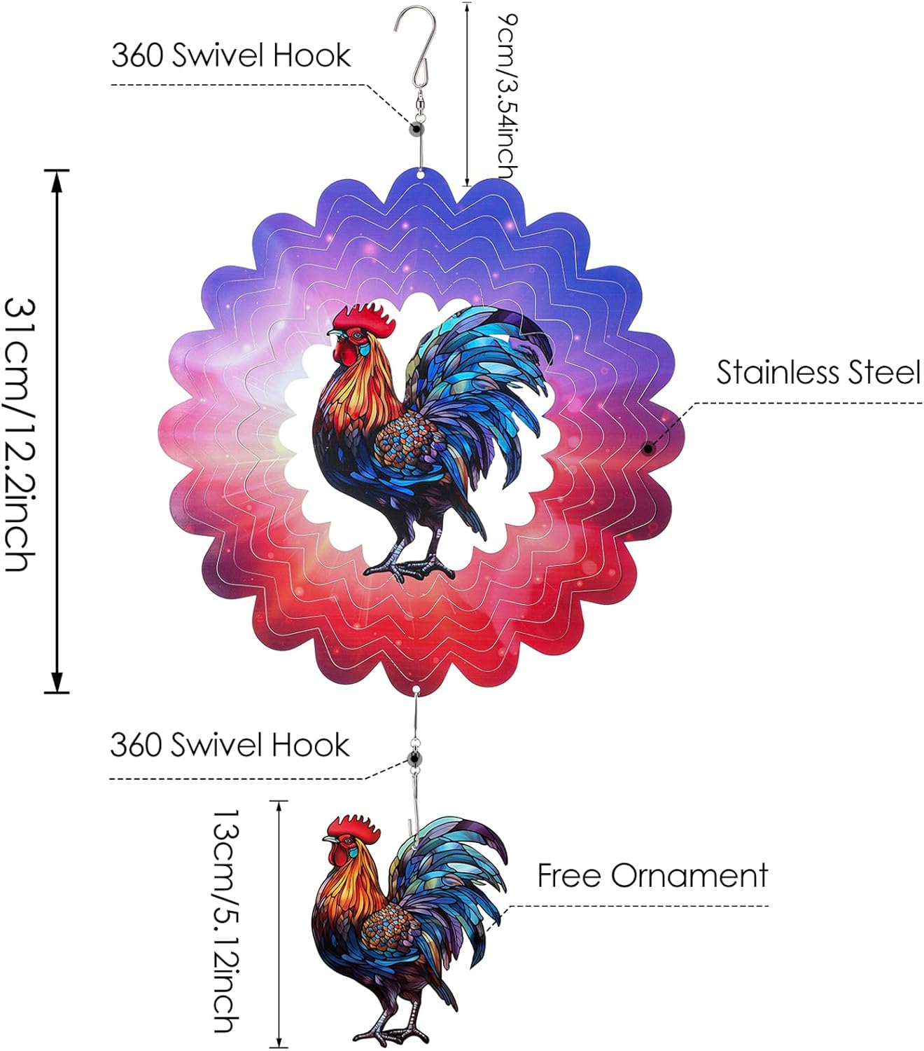 Rooster Hanging Wind Spinner Outdoor - 12 Inches Stainless Steel Wind 