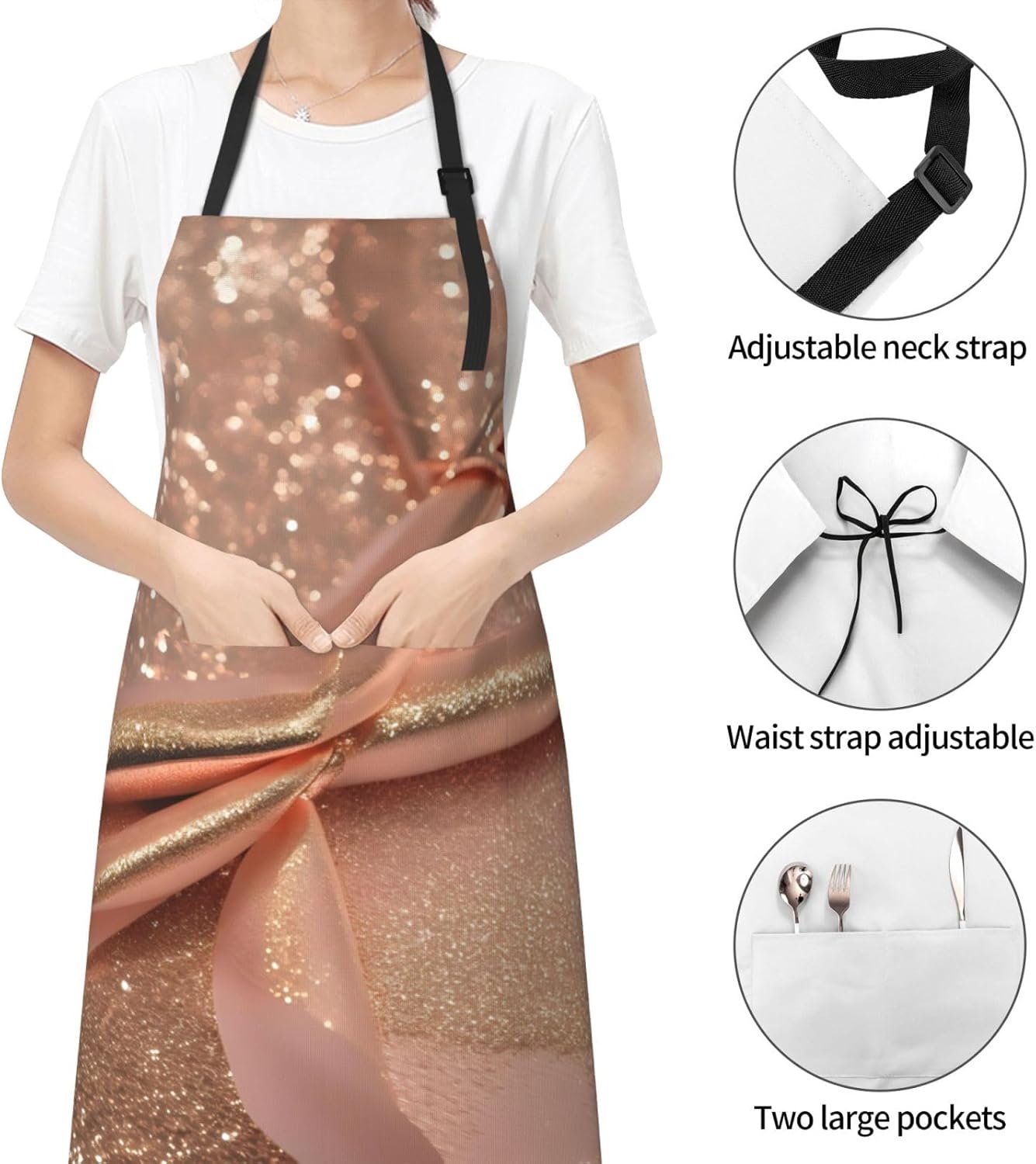 rose gold glitter print Waterproof apron with pocket adjustable cooking apron for adult kitchen bibs to bake