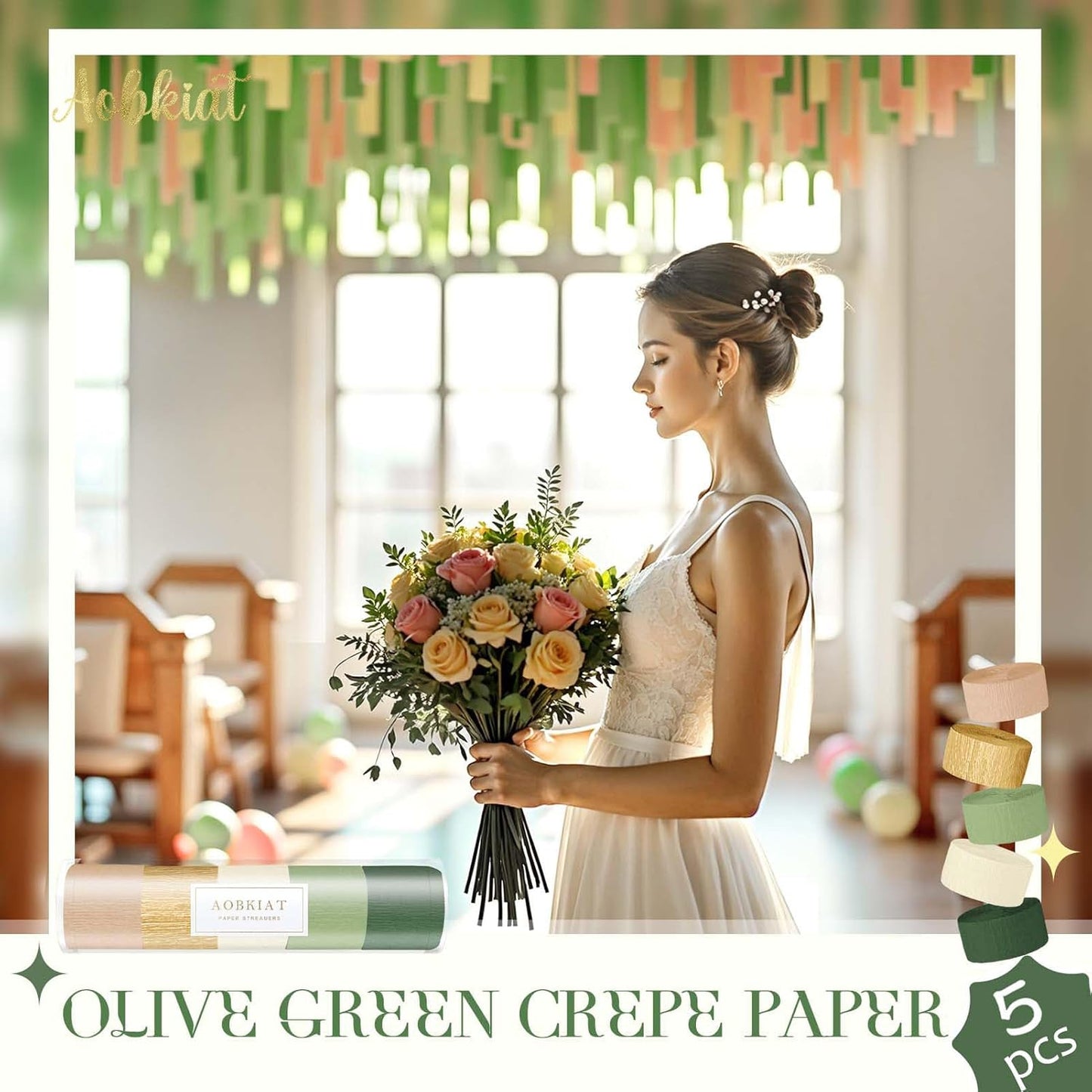 AOBKIAT Wedding Party Decorations, 5 Rolls Olive Green Khaki Crepe Paper Streamers for Green Boho Wedding, Birthday, Bridal/Baby Shower
