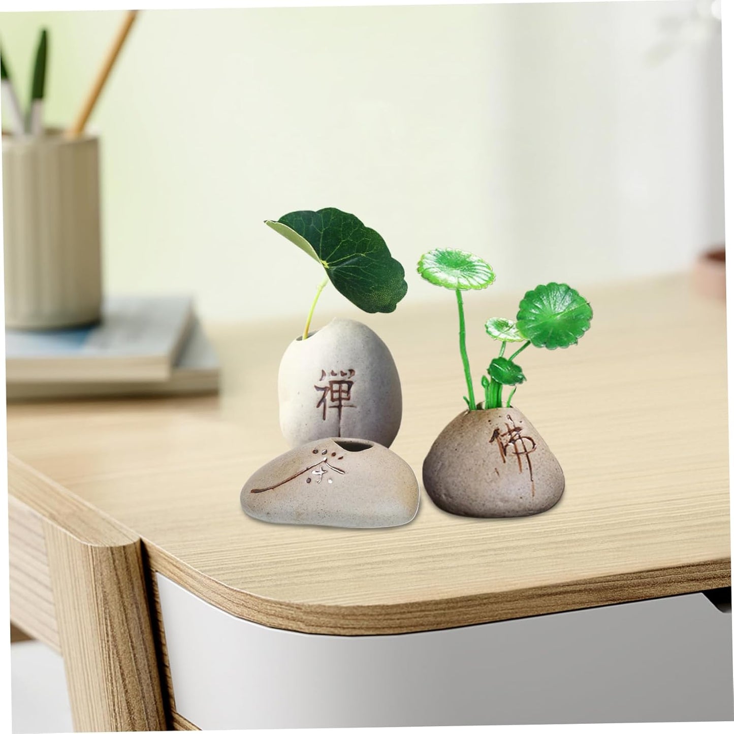 Mini Pots, Mini Planter 3Pcs Chinese Character Flower Pots Zen Stone-L