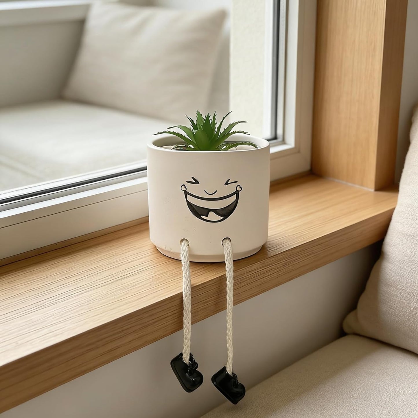 Artificial Succulents Potted Plant, Beige Cute Ceramics Planter with Faux Plants, Small Fake Plants Office Decor for Women Small Plants Pot with Hanging Leg for Shelf Decor