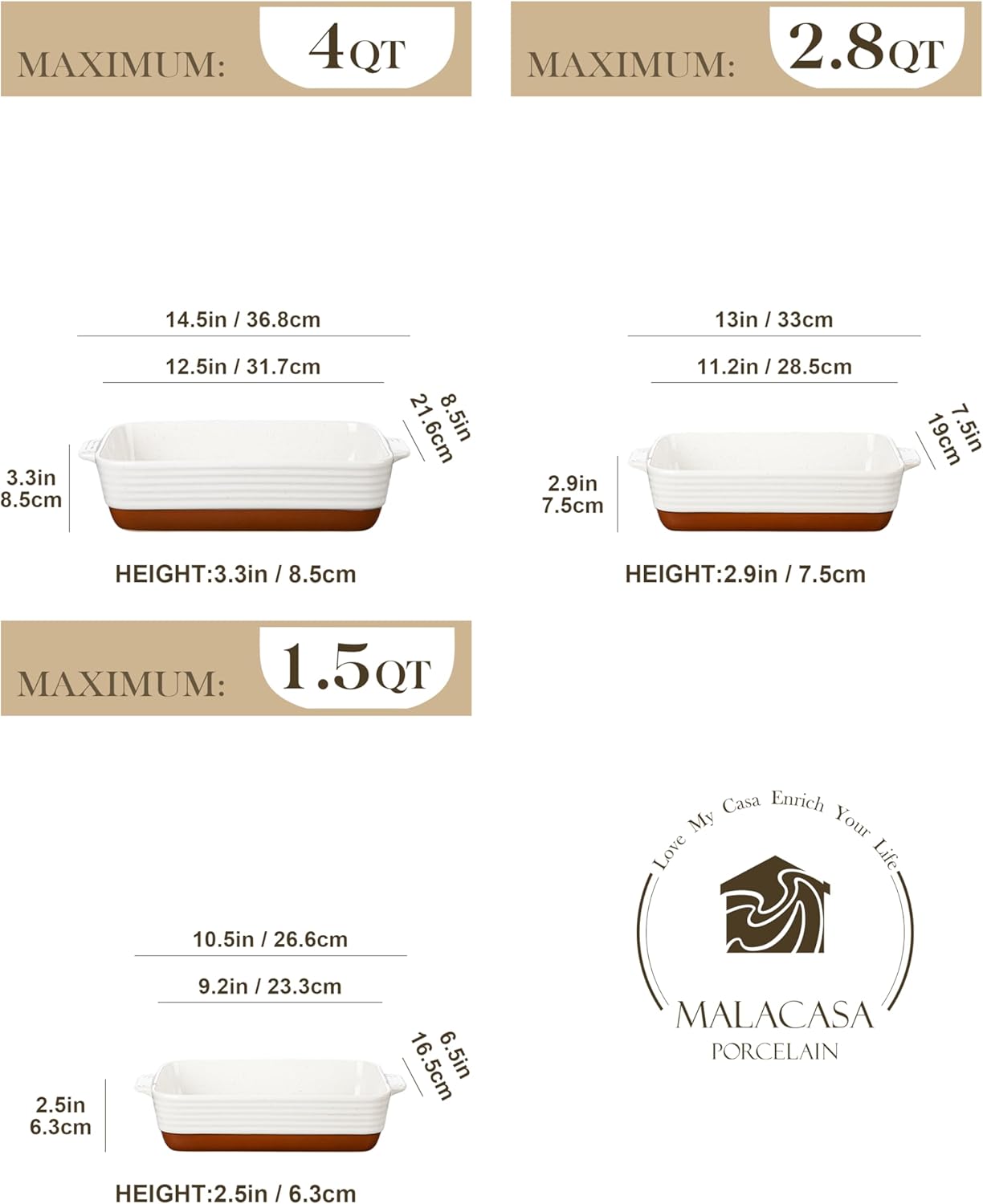 MALACASA Casserole Dishes for Oven, Ceramic Baking Dishes Set of 3, Ba