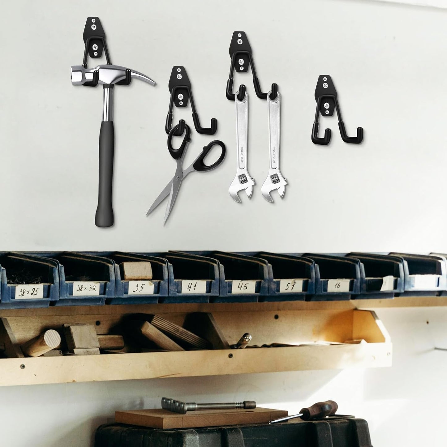 PRETYZOOM 4pcs Heavy Duty Metal Wall Hanging Hooks Small Square Black Utility Hooks for Garage Storage and Garden Tool Organizer
