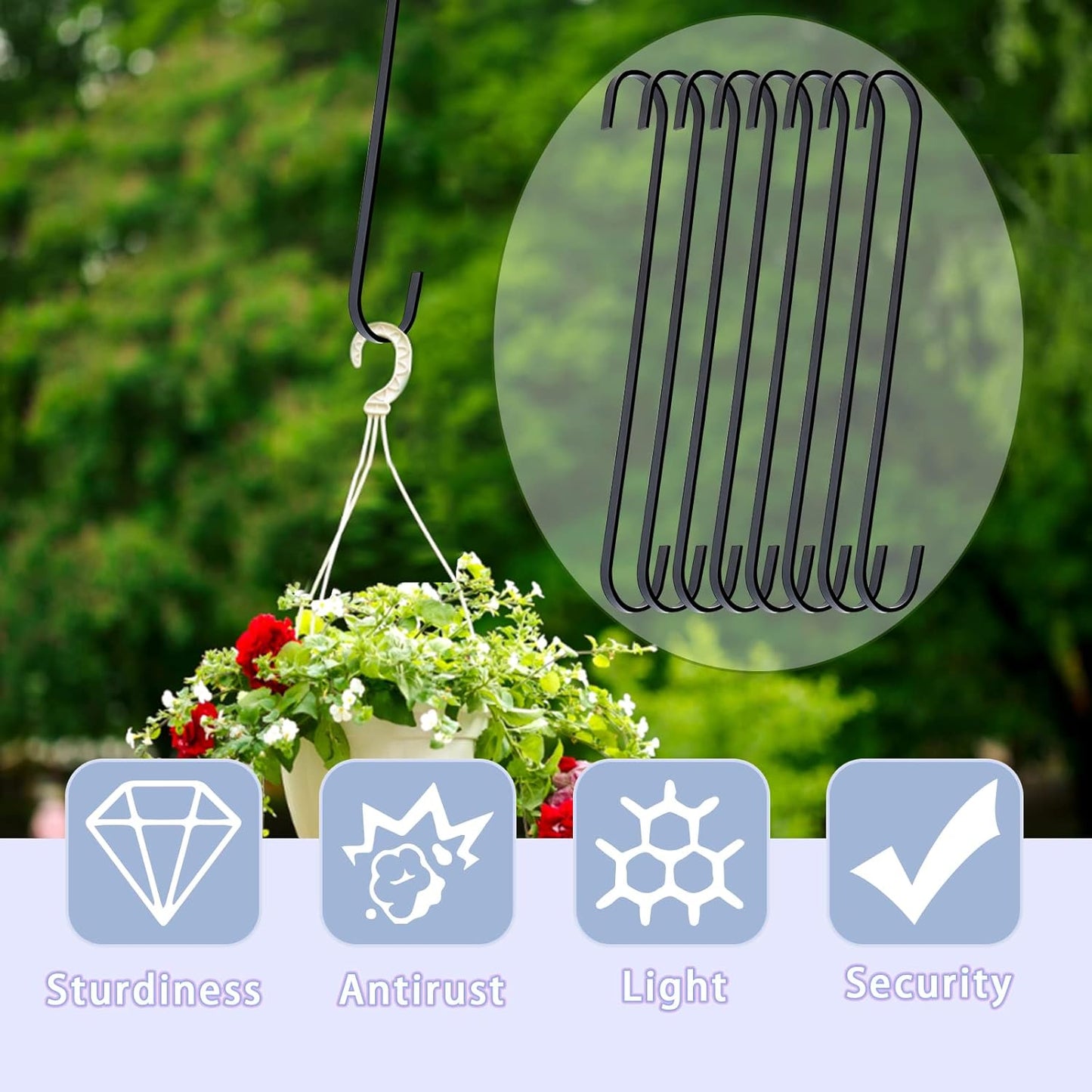 8 Pack 12 Inch Large S Hooks Black Heavy Duty Hooks for Hanging Plants Long Metal Hook Hanger S Shaped Hook for Hanging Closet，Pots and Pans，Basket,Bird Feeders, Garden Indoor Outdoor