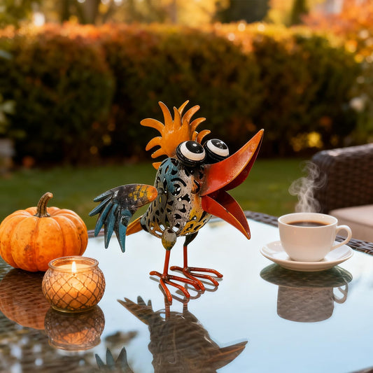 Art Deco Metal Rooster Garden Statue, Weatherproof Outdoor Indoor Deco