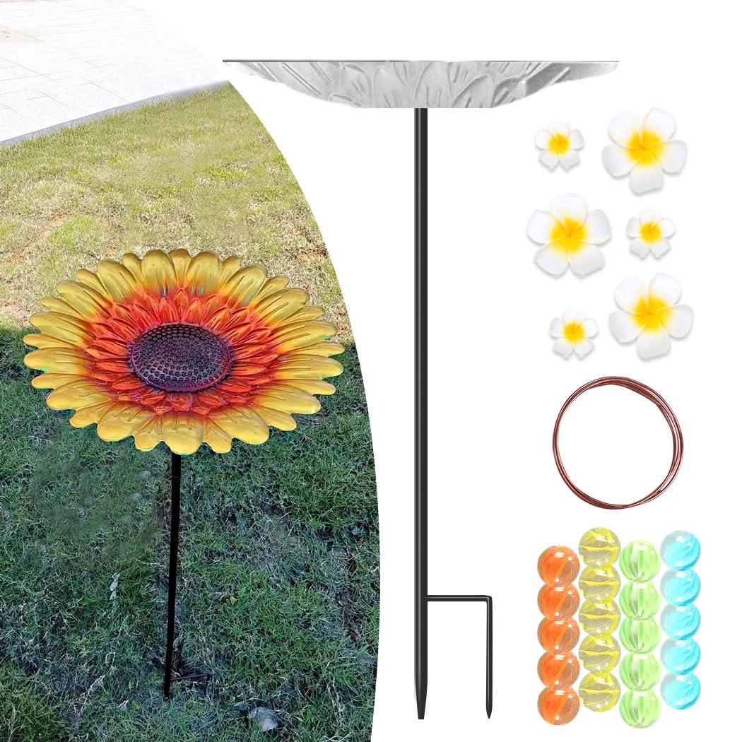 Bee Watering Station - Metal Waterer with 99.9% Pure Copper Line Keep Water Fresh/Plumeria Rubras & Colorful Marbles to Attract Bees/Butterflies/Hummingbirds, Nice Plant Shade Garden Decor Gift