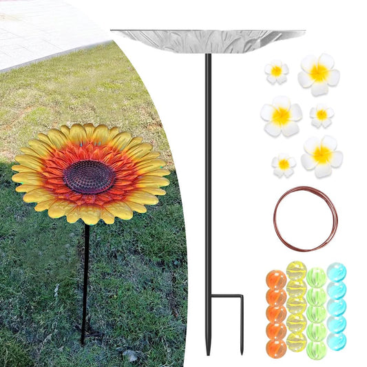 Bee Watering Station - Metal Waterer with 99.9% Pure Copper Line Keep Water Fresh/Plumeria Rubras & Colorful Marbles to Attract Bees/Butterflies/Hummingbirds, Nice Plant Shade Garden Decor Gift