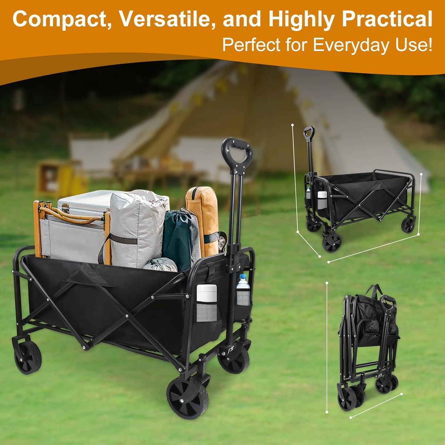 Heavy-Duty Collapsible Wagon Cart with Wheels, Lightweight Foldable Ut
