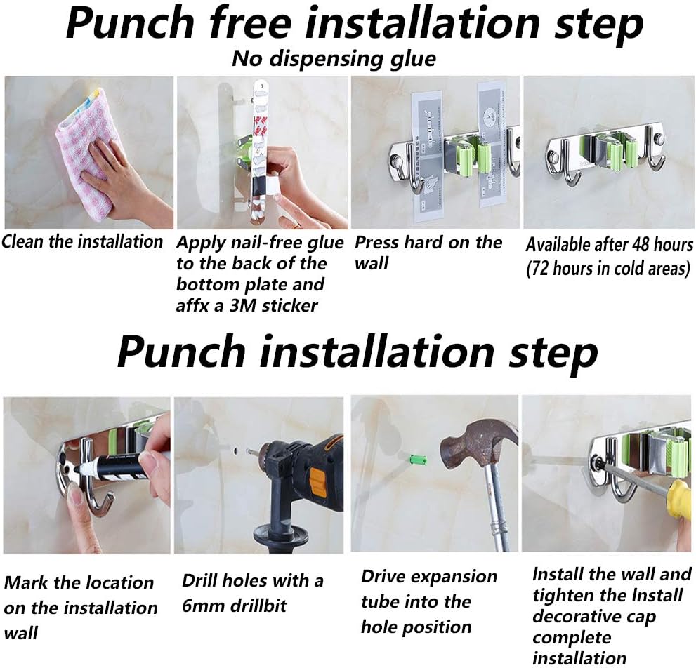 DGSL 2 PCS Broom Holder Wall Mount with 3 Racks 4 Hooks, Stainless Steel Wall Mounted Organizer Mop and Broom Storage Tool Rack for Home Kitchen Garden