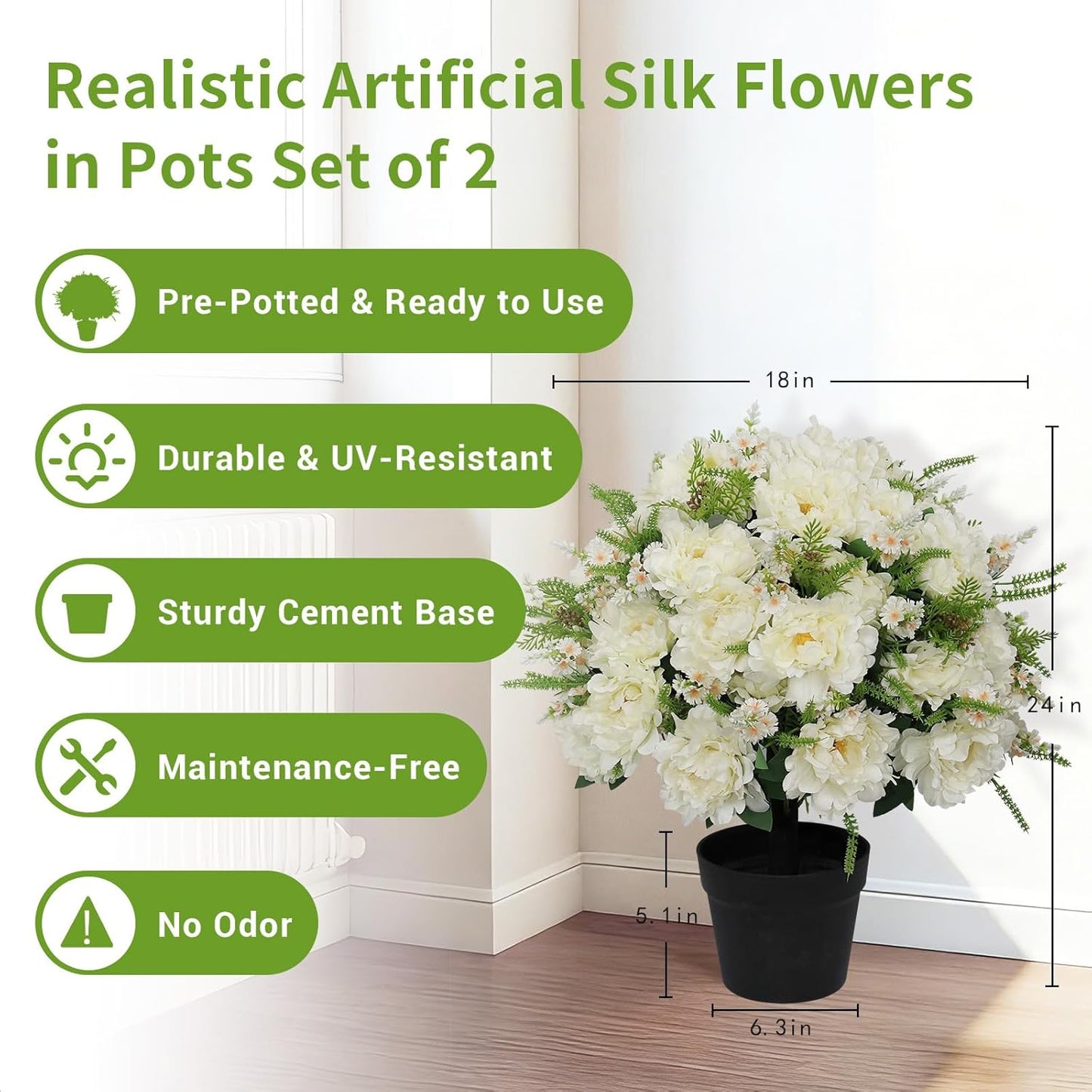 24” Artificial Flowers for Outdoors, Set of 2 Realistic Faux White Peonies in Cement Pots, UV Resistant Fake Plants Look Real for Front Porch, Entryway & Indoor Spring Decor