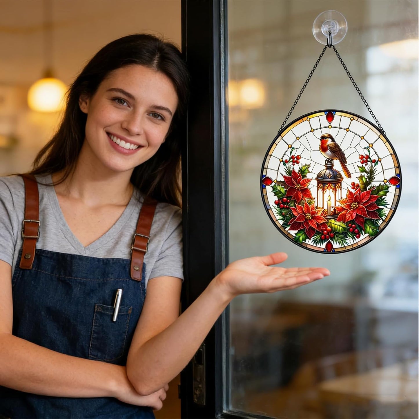 A Robin on lamp Post Stained Glass Window Hanging, Red Bird Memorial Suncatcher,Hummingbird Suncatcher for Women,Cardinal Gifts for Mom Grandma 7.87"