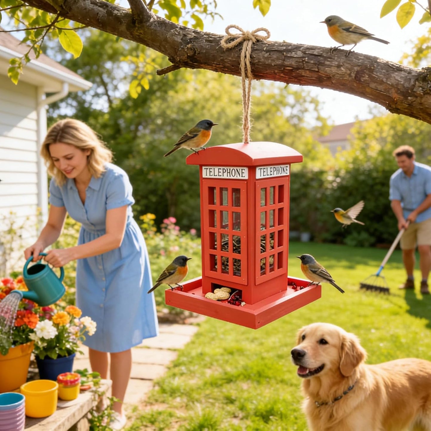 Outdoor Bird Feeder, Wooden Red Telephone Box Spill-Resistant Feeding House for Wild Birds, Garden, Backyard, Balcony, Porch, Yard Décor
