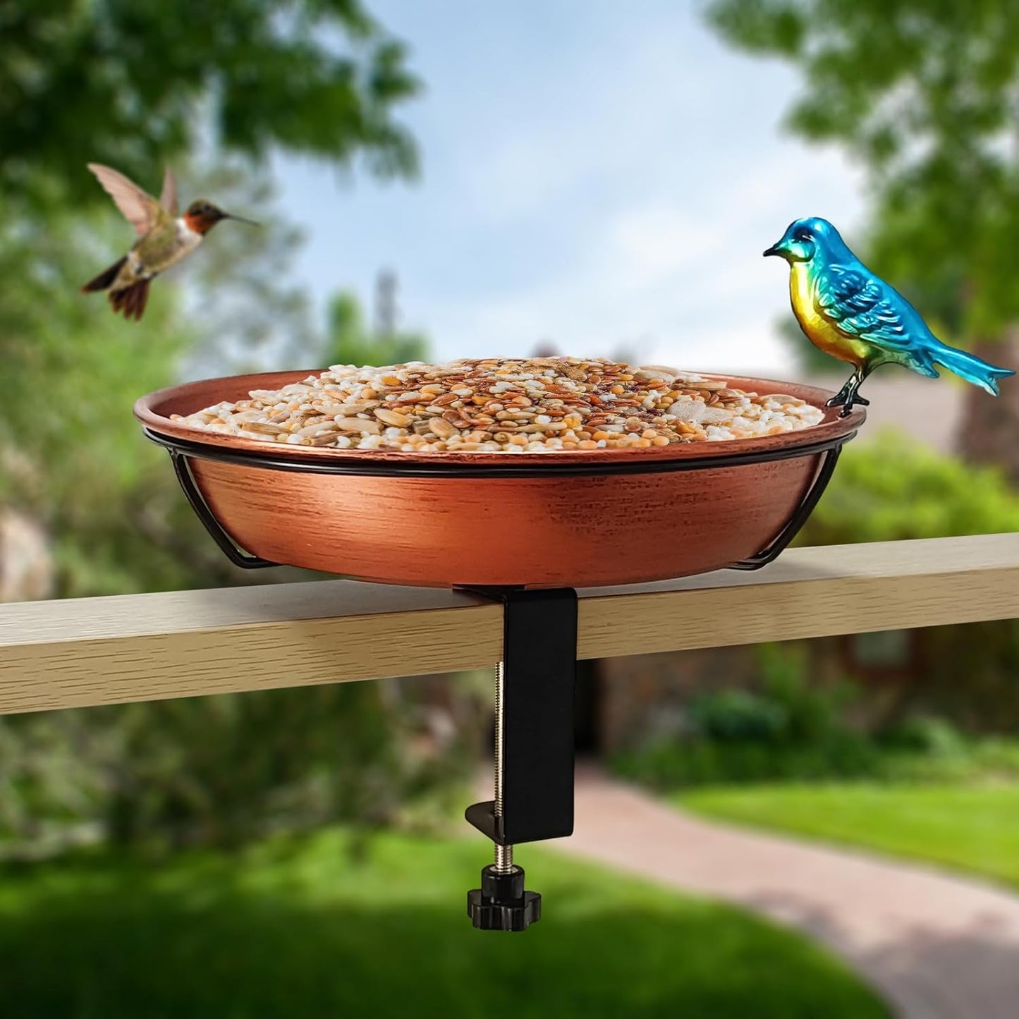 Deck Bird Bath for Outdoors, 11" Copper Metal Birdbath Bowl with Adjustable Big Steel Clamp Backyard Bird Bath&Bird Feeder for Railing Balcony Fence Yard Art Garden Decor