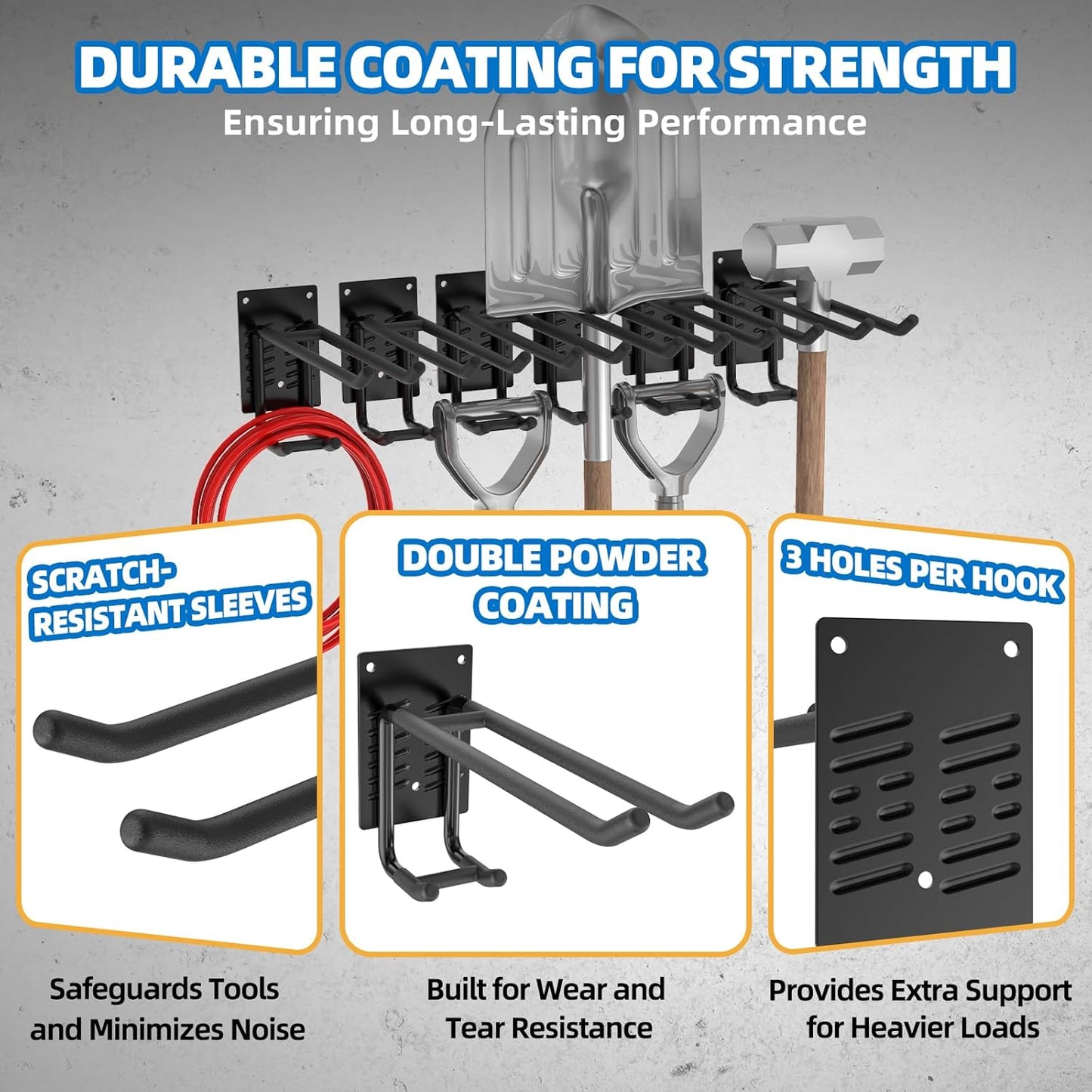 6 Pack Garage Hooks 10 INCH Heavy Duty Two-Tier Steel Shed Wall Mount Workshop Garage Storage Tool Organizer Hooks for Hanging Garden Tool, Hose, Ladder, Chairs, Bikes with Anti-Slip Coating