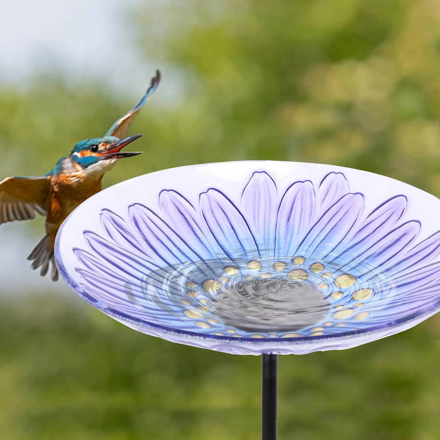 MUMTOP Bird Baths for Outdoors, Glass Bird Bath Stake, Purple Daisy Bi