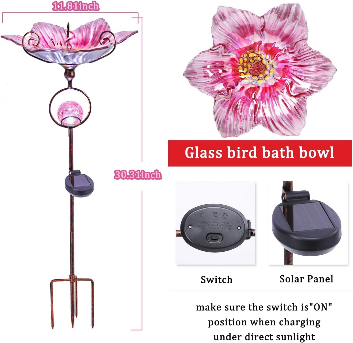 MUMTOP Glass Bird Baths for Outdoors, Flower Bird Baths Bowl with Solar Crackle Glass Globe Lights Decorations and Metal Stake for Outdoor Garden Yard Lawn Outside, Pink