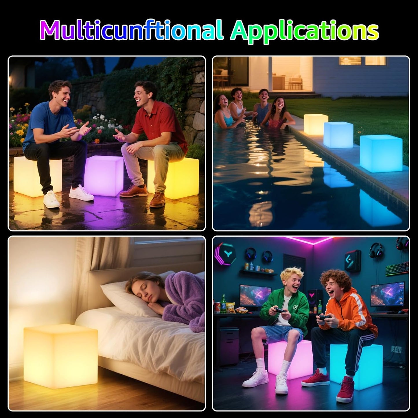 FUYO 12-inch Rechargeable LED Cube Chair Light, Solar Light Up Cube Chair, Led Cube Seat with Remote, 16 RGB Colors Kids Night Light, IP66 Waterproof Glow Lamp Chair for Home Patio Garden Party