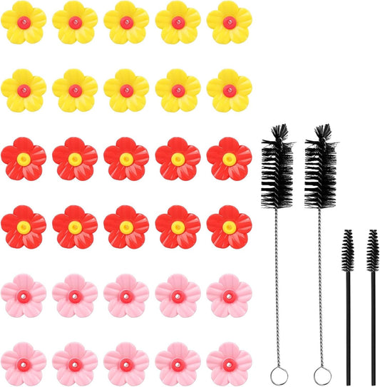 30pcs Hummingbird Feeder Replacement Flowers with 4 Cleaning Brushes, Replacement Feeding Ports Bird Feeder Parts for Hummingbird Feeders