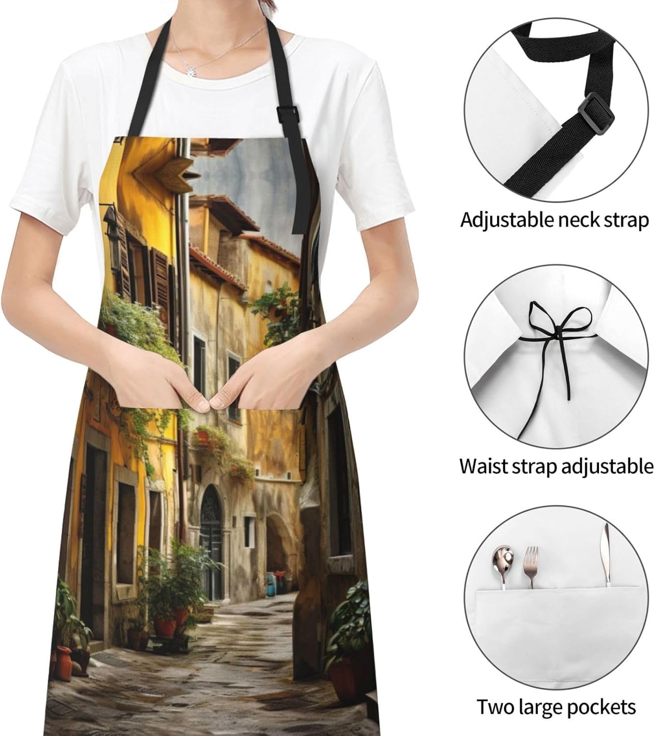 Italian Old Street print Waterproof apron with pocket adjustable cooking apron for adult kitchen bibs to bake