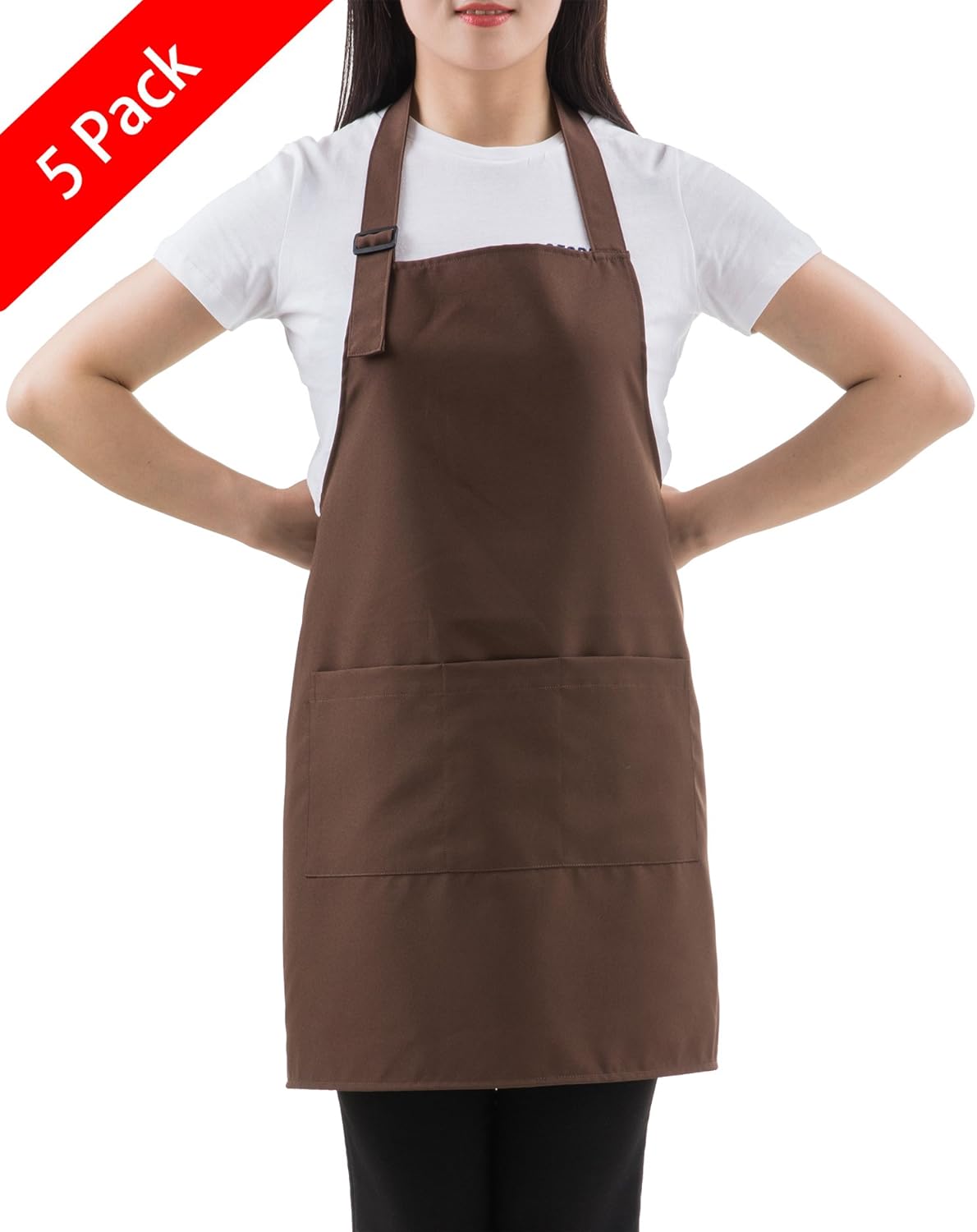 (5 set Brown Professional Resist Water Adjustable Extra Long Bib Apron 3 Pockets Home Kitchen Garden Restaurant Cafe Bar Pub Bakery for Cooking Chef Baker Servers Craft Unisex